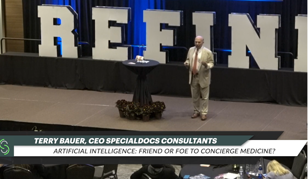 Terry Bauer, CEO of Specialdocs Consultants, speaks at the 2023 Concierge Medicine Forum.