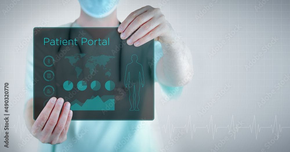Doctor holding tablet with words Patient Portal ©MQ-Illustrations-stock.adobe.com