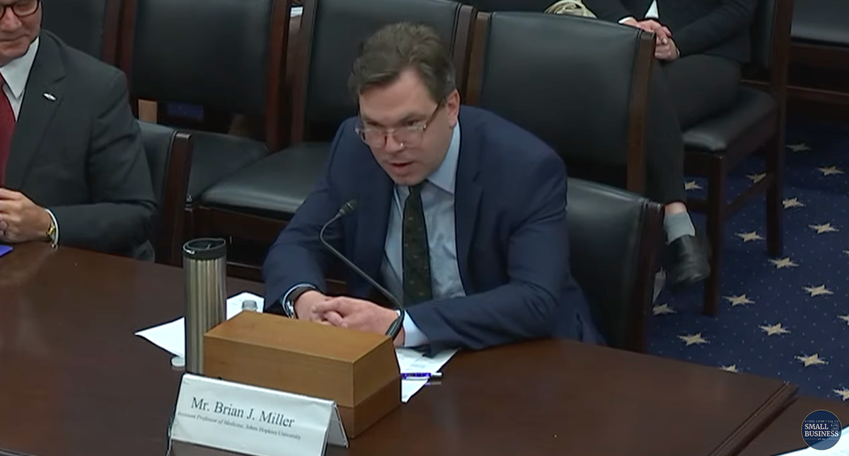 This screen shot shows Brian J. Miller, MD, MBA, MPH, during his testimony in the hearing, “Burdensome Red Tape: Overregulation in Health Care and the Impact on Small Businesses,” held July 190, 2023, by the House Small Business Subcommittee on Oversight, Investigations, and Regulations