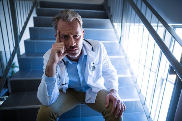 sad doctor on stairs
