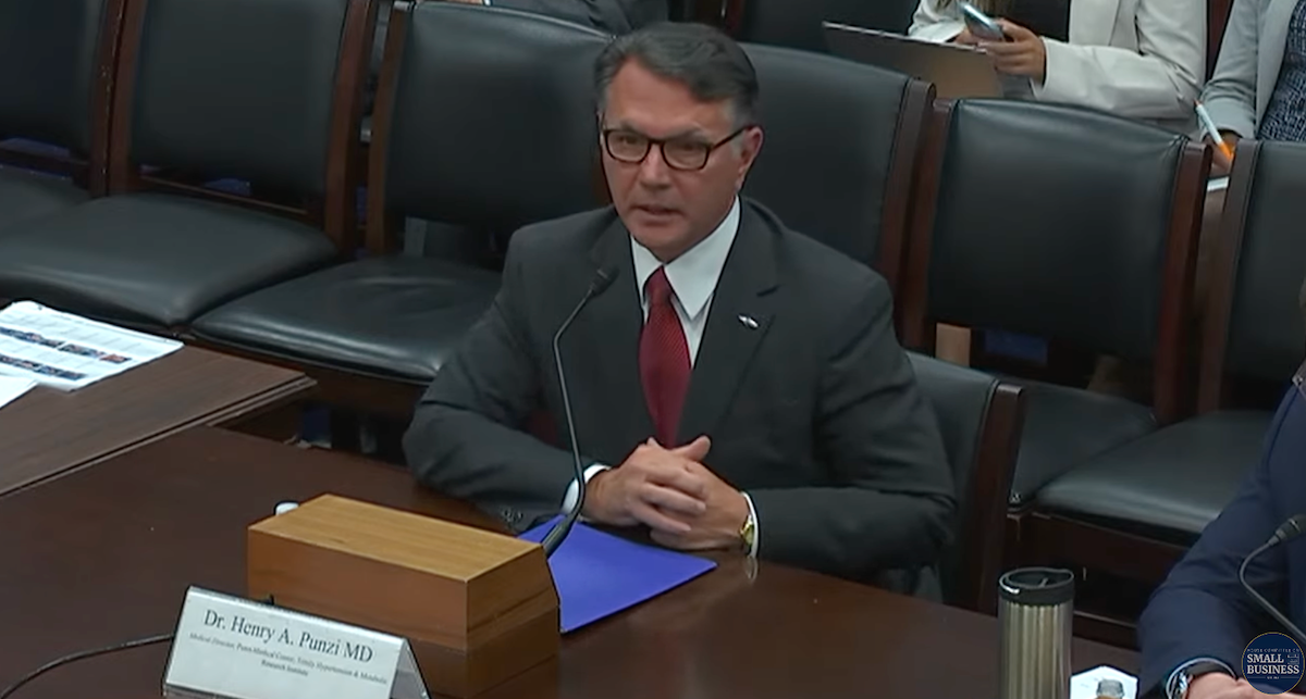 This screen shot shows Henry Anthony Punzi, MD, FCP, FASH, during his testimony in the hearing, “Burdensome Red Tape: Overregulation in Health Care and the Impact on Small Businesses,” held July 190, 2023, by the House Small Business Subcommittee on Oversight, Investigations, and Regulations.