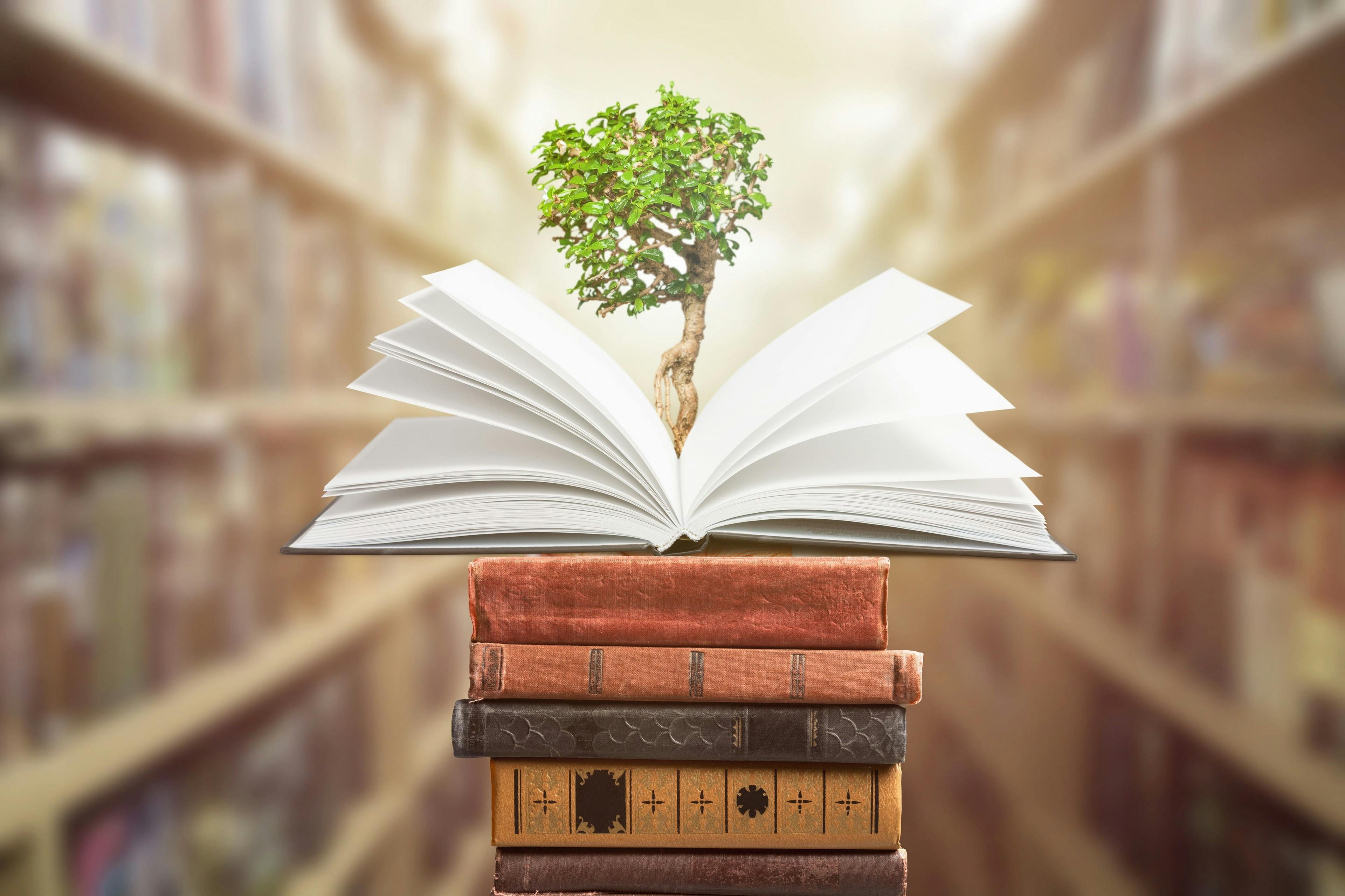 tree growing out of books literacy