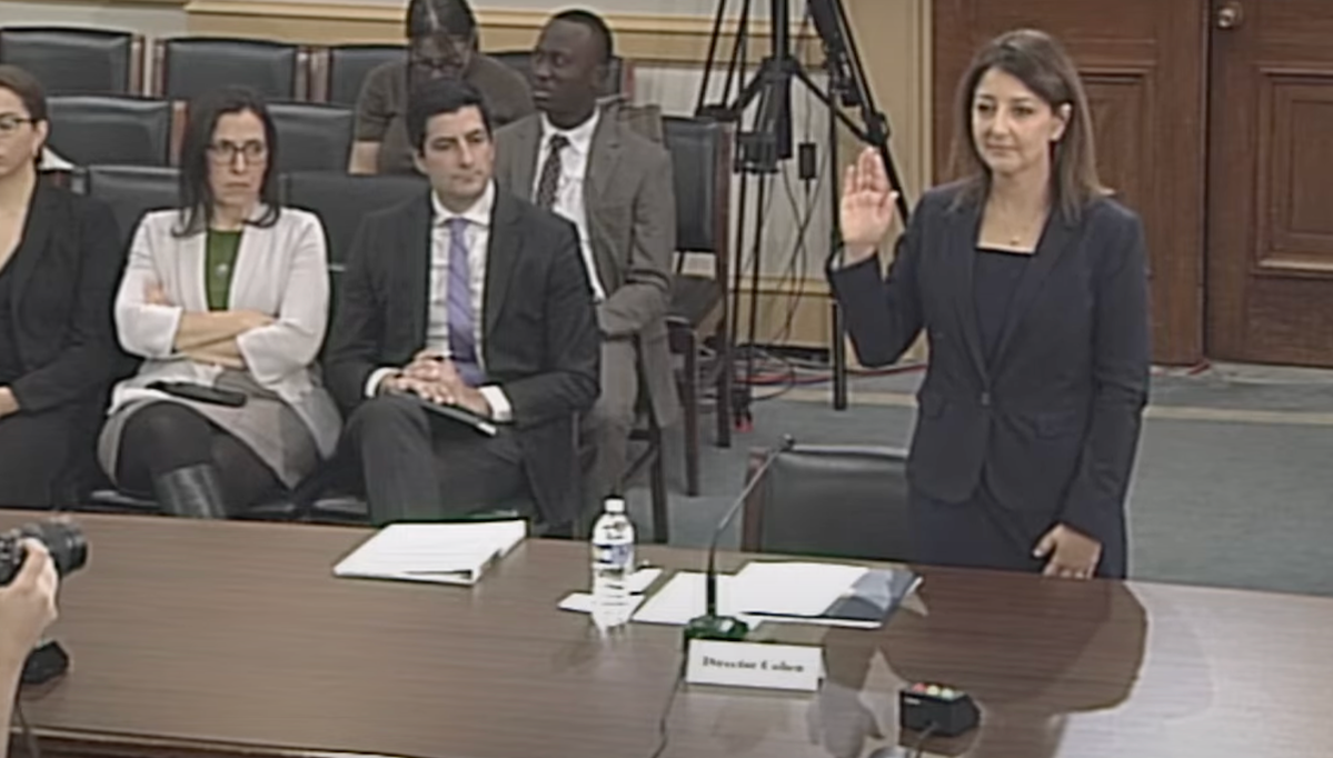 Mandy K. Cohen, MD, MPH, director of the U.S. Centers for Disease Control and Prevention, raises her hand before her testimony with the Oversight and Investigations Subcommittee of the House Energy & Commerce Committee on Nov. 30, 2023. This image was taken from a webcast of the event.