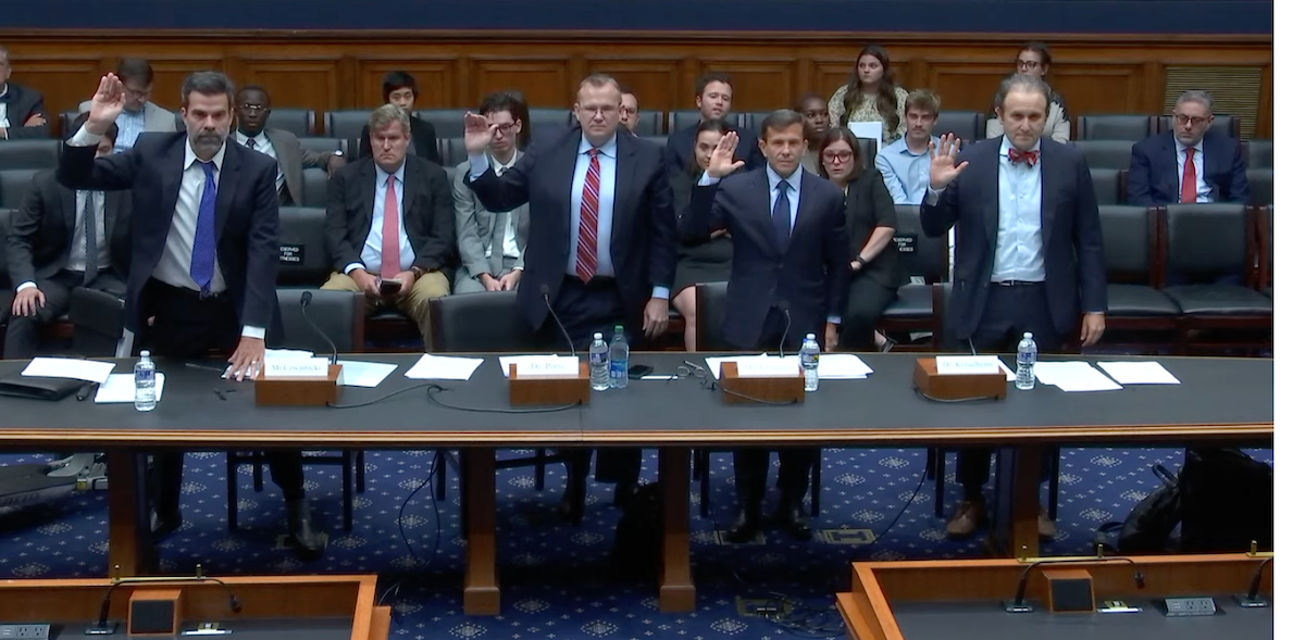 Witnesses prepare to testify in “At What Cost: Oversight of How the IRA’s Price Setting Scheme Means Fewer Cures for Patients,” a hearing held Sept. 20, 2023, by the Oversight and Investigations Subcommittee of the U.S. House of Representatives’ Energy & Commerce Committee. This image was taken from the online webcast of the hearing.
