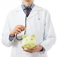 Doctor checking piggy bank
