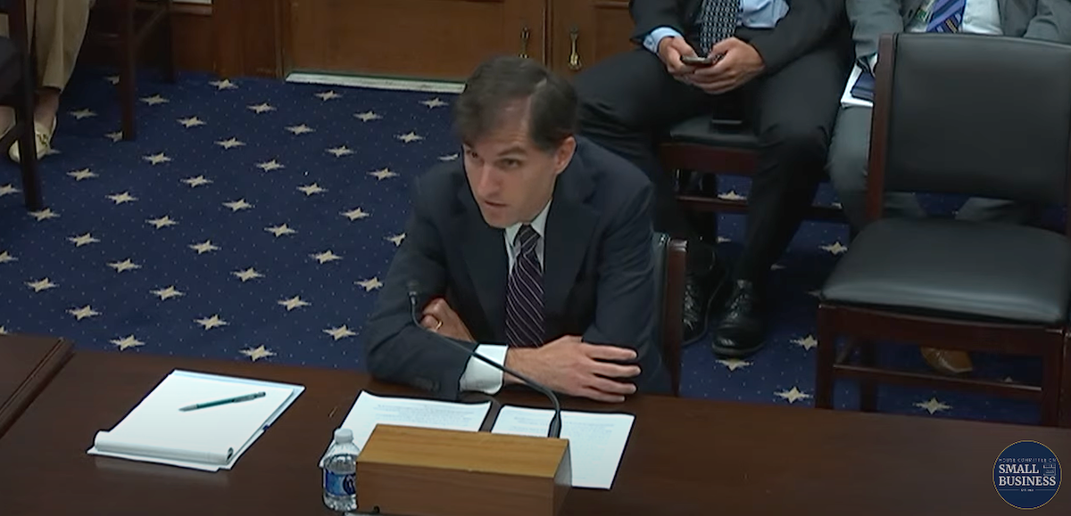 This screen shot shows Matthew Fiedler, PhD, during his testimony in the hearing, “Burdensome Red Tape: Overregulation in Health Care and the Impact on Small Businesses,” held July 190, 2023, by the House Small Business Subcommittee on Oversight, Investigations, and Regulations.