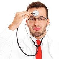 Doc with stethoscope on self