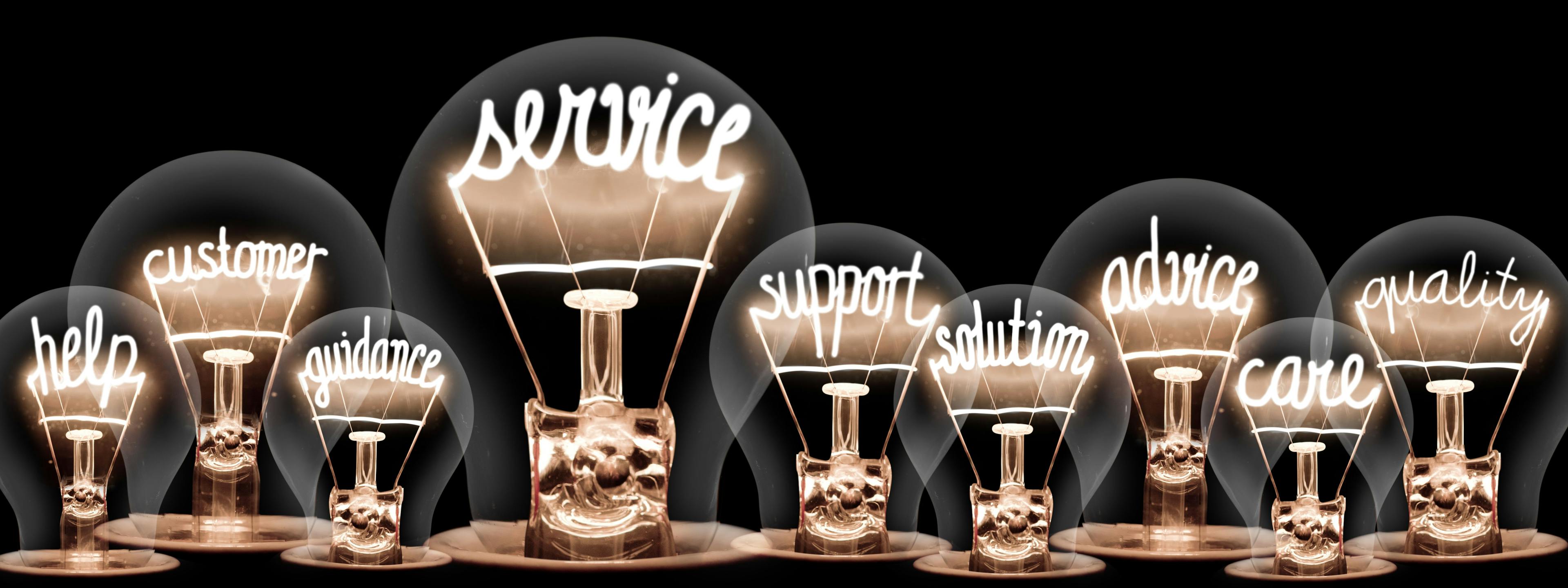 customer service worlds in lightbulbs